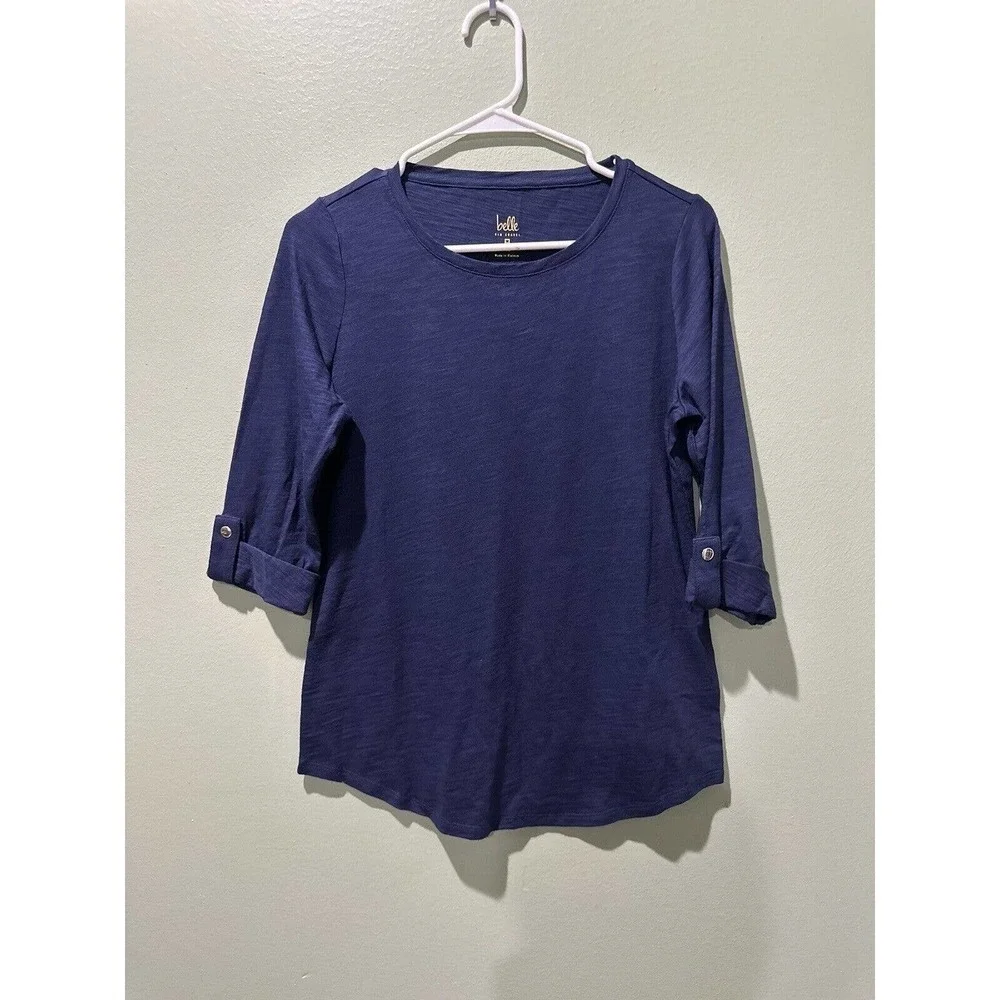Belle by Kim Gravel Slub Knit Utility Sleeve Top Women's Sz XXS Blue Roll Tab‌‌ - Picture 2 of 6